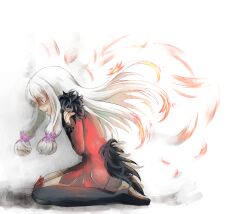  agria agria_(tales) boots dress female freckles fur grey_hair highres long_hair low-tied_long_hair open_mouth red_eyes tales_of_(series) tales_of_xillia 