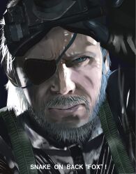  1boy absurdres beard big_boss blue_eyes commentary_request english_text engrish_text eyepatch facial_hair gloves goggles goggles_on_head grey_hair highres makadamixa male_focus manly metal_gear_(series) metal_gear_solid_v:_ground_zeroes metal_gear_solid_v:_the_phantom_pain military military_uniform old old_man portrait ranguage realistic serious solo uniform 