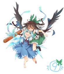  2girls arm_cannon arms_around_neck barefoot blush bow caution cirno cirno_day commentary_request friends full_body green_bow hairbow highres multiple_girls radiation_symbol reiuji_utsuho simple_background smile touhou toutenkou weapon white_background 