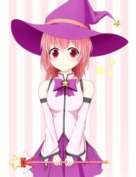  absurdres bad_id bad_pixiv_id chocomelon cosplay female hat highres mirakurun mirakurun_(cosplay) pink_hair red_eyes striped vertical_stripes witch_hat yoshikawa_tomoko yuru_yuri 