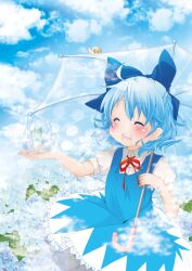  absurdres bad_id bad_pixiv_id berry_jou blue_dress blue_hair blush bow cirno closed_eyes dress female flower frog frozen frozen_frog hairbow highres hydrangea open_mouth photoshop_(medium) short_sleeves sky smile snail solo touhou transparent transparent_umbrella umbrella 