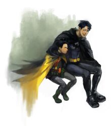  algebraman batman batman_(series) belt black_hair boots brothers cape damian_wayne dc_comics dick_grayson family gloves green_shoes hood hoodie male male_focus multiple_boys pixiv_thumbnail resized robin_(dc) shoes siblings sitting smile 