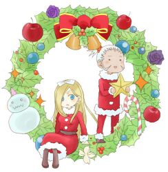  1boy candy candy_cane chibi christmas commentary_request female food fullmetal_alchemist miles_(fma) mini_person miniboy minigirl nina_(happy_parco) olivier_mira_armstrong painttool_sai_(medium) santa_costume snowman star_(symbol) wreath 