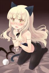  animal_ears black_pantyhose blonde_hair blush cat_ears cat_girl detached_collar fake_animal_ears fake_tail female glasses long_hair looking_at_viewer open_mouth panties panties_under_pantyhose pantyhose perrine_h._clostermann rabbit_ears rabbit_tail saliva shin_(new) solo strike_witches tail tears underwear world_witches_series wrist_cuffs yellow_eyes 