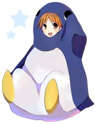  :d androgynous animal_costume arm_up azumanga_daiou bad_id bad_pixiv_id bird female mihama_chiyo open_mouth orange_eyes orange_hair penguin penguin_costume short_hair simple_background smile solo star_(symbol) suika-tk teeth 