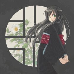  :3 arms_behind_back bad_id bad_pixiv_id black_hair black_kimono camellia female flower from_side green_eyes half_updo interlocked_fingers japanese_clothes kimono long_hair looking_at_viewer naruse_chisato obi original pinstripe_pattern round_window sash smile solo striped vertical_stripes window 