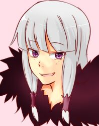  agria agria_(tales) female freckles fur grey_hair long_hair low-tied_long_hair lowres open_mouth pink_background purple_eyes tales_of_(series) tales_of_xillia 