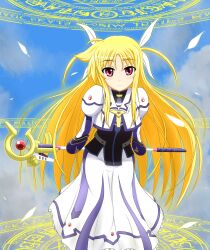  absurdres blonde_hair blush cloud commentary_request cosplay day dress fate_testarossa feathers female hair_ribbon highres long_hair long_sleeves lyrical_nanoha magic_circle magical_girl mahou_shoujo_lyrical_nanoha mahou_shoujo_lyrical_nanoha_a&#039;s mahou_shoujo_lyrical_nanoha_the_movie_2nd_a&#039;s puffy_sleeves raising_heart raising_heart_(accel_mode)_(2nd) red_eyes ribbon sky smile solo takamachi_nanoha takamachi_nanoha_(cosplay) takamachi_nanoha_(exelion_mode) tom-ani two_side_up very_long_hair 