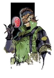  1boy beard big_boss blue_eyes brown_hair candy commentary_request eyepatch facial_hair food headband ikuyoan lollipop male_focus metal_gear_(series) pinky_out solo 