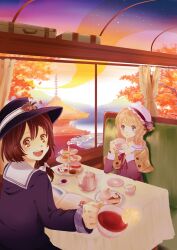  2girls architecture autumn bag black_tea blonde_hair blush bow brown_eyes brown_hair cake commentary_request creamer_(vessel) cup dessert east_asian_architecture eating food fruit hair_ribbon hat hat_bow hat_ribbon lemon long_hair macaron magazine_(object) maribel_hearn multiple_girls necktie open_mouth pastry plate purple_eyes ribbon saucer short_hair sitting skirt smile strawberry suja_(ufo85go) sunset table tablecloth tea tea_set teacup teapot tiered_tray touhou tower train_interior tree usami_renko 