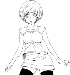  blush casual commentary_request cowboy_shot female greyscale looking_at_viewer monochrome persona persona_4 satonaka_chie short_hair skirt sleeveless solo standing suta_furachina thighhighs zettai_ryouiki 