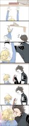  1boy absurdres ahoge artoria_pendragon_(fate) black_hair blonde_hair blush book commentary_request diarmuid_ua_duibhne_(lancer)_(fate) dress english_text engrish_text fate/zero fate_(series) female hair_bun height_difference highres kissing mole mole_under_eye photoshop_(medium) ranguage rayca01 red_eyes saber_(fate) short_hair single_hair_bun tall_image 