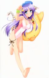  absurdres alpha_(yukai_na_nakamatachi) animal_ears barefoot blue_eyes breasts feet female hat highres innertube leg_ribbon long_hair medium_breasts one-piece_swimsuit original purple_hair ribbon scan scan_artifacts soles solo swim_ring swimsuit tail thigh_ribbon tiger_ears tiger_tail wristband 