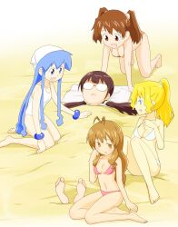  5girls bikini blue_eyes blue_hair cindy_campbell commentary_request glasses ikamusume long_hair mochizuki_tomomi multiple_girls one-piece_swimsuit sakura_kiyomi sand sat-c shinryaku!_ikamusume slim_legs swimsuit tentacle_hair tokita_ayumi twintails 