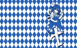  blue blue_eyes blue_hair cirno dress monochrome photoshop short_hair touhou 