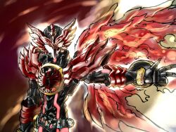  1boy armor bad_link belt bird fright_(hazelnut_cafe) helmet highres kamen_rider kamen_rider_ooo kamen_rider_ooo_(series) mask phoenix tajador_(ooo_combo) visor wings 