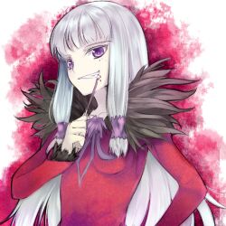  agria agria_(tales) breasts dress female fur grey_hair grin long_hair low-tied_long_hair lowres pocky purple_eyes red_background smile tales_of_(series) tales_of_xillia 