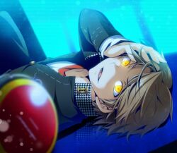  1boy brown_hair commentary_request dark_persona hanamura_yousuke hand_on_own_head headphones looking_at_viewer male_focus mayokichi open_mouth persona persona_4 photoshop_(medium) school_uniform solo yellow_eyes 