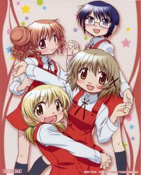  4girls :d absurdres artist_request blonde_hair blue_eyes blue_hair blush brown_eyes brown_hair double_bun glasses hair_bun hair_ornament hidamari_sketch highres hiro_(hidamari_sketch) holding_hands long_sleeves looking_at_viewer miyako_(hidamari_sketch) multiple_girls official_art open_mouth pink_hair red_eyes sae_(hidamari_sketch) scan school_uniform short_hair skirt smile yuno_(hidamari_sketch) 