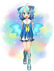  ahoge alternate_costume alternate_wings arms_behind_back ascot bare_shoulders bike_shorts blue_dress blue_eyes blue_hair bow cirno commentary_request cross-laced_footwear dress female full_body hair_ornament hairbow hairpin isoroku_(gojuuroku) oerba_yun_fang open_mouth sailor_collar sandals smile solo standing touhou wings 