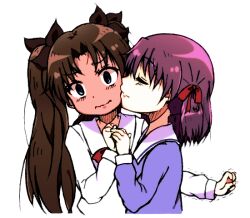  2girls a1s2u2k6a aged_down bad_id bad_pixiv_id blue_eyes blush brown_hair fate/zero fate_(series) full-face_blush hair_ribbon kissing lolicon long_hair matou_sakura multiple_girls purple_hair ribbon short_hair siblings sisters tohsaka_rin trembling twintails wavy_mouth 