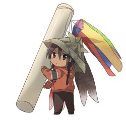  1boy black_hair braid brown_eyes chibi commentary_request full_body hat hood hood_down hoodie khamsin_nbh&#039;w kodomo_no_hi koinobori long_hair male_focus origami paper_hat paper_kabuto photoshop_(medium) pole scar shakugan_no_shana solo tachitsu_teto windsock 