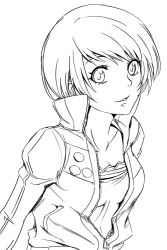  collarbone commentary_request female greyscale jacket looking_at_viewer monochrome open_clothes open_shirt persona persona_4 satonaka_chie shirt short_hair smile solo suta_furachina track_jacket upper_body 