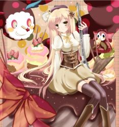  alternate_hairstyle bad_id bad_pixiv_id blonde_hair blush boots bow breasts cake character_name charlotte_(madoka_magica) cheese commentary_request creature dual_persona elbow_gloves female fingerless_gloves food gloves gun hair_ornament hat long_hair magical_girl magical_musket mahou_shoujo_madoka_magica mahou_shoujo_madoka_magica_(anime) medium_breasts monster ribbon sakura_romu skirt smile striped_clothes striped_thighhighs thighhighs tomoe_mami tomoe_mami_(magical_girl) vertical-striped_clothes vertical-striped_thighhighs weapon yellow_eyes 