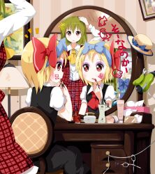  3girls anger_vein applying_makeup blonde_hair blue_hair bow brown_eyes chair chest_of_drawers child&#039;s_drawing cirno commentary_request cosmetics desk eyeshadow facepaint failure green_hair hair_ribbon hairband hairbow hat hat_ribbon head_bump holding indoors is_that_so kazami_yuuka lamp large_bow lipstick lipstick_tube makeup mirror multiple_girls plaid plaid_vest red_eyes reflection ribbon rumia ruu_(tksymkw) scissors short_hair sitting table touhou translated unworn_hat unworn_headwear vanity_table vest 