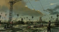  2boys 2girls bad_id bad_pixiv_id cloud commentary_request horizon multiple_boys multiple_girls original outdoors paberu power_lines railroad_tracks scenery sky tree 