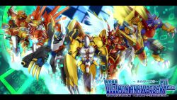  armor arresterdramon claws digimon digimon_adventure dukemon epic glowing glowing_eyes green_eyes helmet highres horns imperialdramon kaisergreymon monster no_humans orange_hair shinegreymon short_hair shoutmon_x7 wargreymon wings 