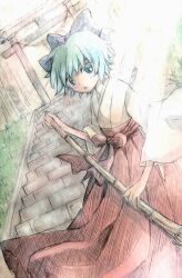  bamboo_broom blue_eyes blue_hair bow broom cirno commentary_request dutch_angle female hairbow highres japanese_clothes miko open_mouth rope shimenawa solo stairs torii touhou traditional_media yamineko_(evergrace) 