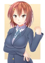  aged_up air_guitar alternate_breast_size bad_id bad_pixiv_id breasts brown_eyes brown_hair female hirasawa_yui k-on! large_breasts sakuragaoka_high_school_uniform school_uniform short_hair solo tobirakaiho 