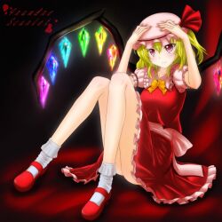  back_bow blonde_hair blush bobby_socks bow bowtie breasts character_name closed_mouth collared_shirt commentary_request crystal dark_background dress female flandre_scarlet frilled_shirt_collar frilled_skirt frills full_body hair_between_eyes hands_on_headwear hat mari-itachidosi mary_janes mob_cap puffy_short_sleeves puffy_sleeves rainbow_order red_eyes red_footwear red_skirt red_vest shirt shoes short_sleeves sitting skirt skirt_set small_breasts smile socks solo touhou vest white_bow white_hat white_shirt white_socks wings yellow_bow yellow_bowtie 