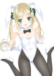  :d animal_ears arm_support bare_shoulders black_pantyhose blonde_hair blush commentary_request detached_collar female flat_chest green_eyes hair_ornament kani_biimu leaning_back long_hair looking_at_viewer open_mouth original pantyhose playboy_bunny rabbit_ears sitting smile solo tsukumo-tan wariza wrist_cuffs 