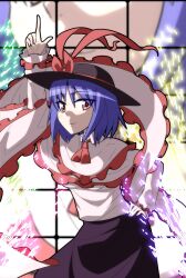  arm_up blue_hair bow commentary_request female hand_on_own_hip hat hat_bow index_finger_raised jeno long_sleeves nagae_iku outstretched_arm photoshop_(medium) pointing red_eyes saturday_night_fever shawl short_hair smile solo sparks standing touhou 