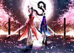  2girls angel_slayer_(bayonetta) bad_id bad_pixiv_id bayonetta bayonetta_(series) bayonetta_1 black_hair cherry_blossoms dragon full_moon glasses gun handgun japanese_clothes jeanne_(bayonetta) katana long_hair long_legs mole moon multiple_girls night seitsuji short_hair shuraba_(bayonetta) star_(symbol) sword thighhighs water weapon white_hair 