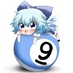  :d bad_id bad_pixiv_id ball billiard_ball billiards blue_bow blue_dress blue_eyes blue_hair blush bow chibi circled_9 cirno cirno_day dress female full_body hair_between_eyes hairbow ice ice_wings lying on_stomach open_mouth rebecca_(keinelove) short_hair short_sleeves simple_background smile solo touhou v-shaped_eyebrows white_background wings 