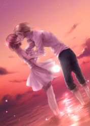  1boy bare_shoulders blonde_hair closed_eyes cloud commentary_request couple dress female frilled_dress frills holding_another&#039;s_arm kirishima_sou kissing outdoors pink_hair protagonist_(tokimemo_gs3) sakurai_ruka shirt sky straight sun sunset tokimeki_memorial tokimeki_memorial_girl&#039;s_side_3rd_story wading water white_shirt 