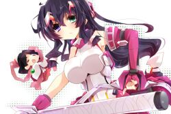  asama_tomo black_hair blue_eyes bodysuit bow breasts female female green_eyes hanami_(horizon) heterochromia kyoukai_senjou_no_horizon kyoukaisenjou_no_horizon large_breasts minigirl solo tsuka_(raikousama) weapon 