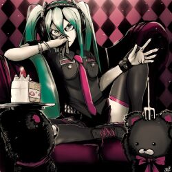  alternate_legwear aqua_eyes aqua_hair bracelet cake commentary_request couch female food fork fruit hatsune_miku headphones jewelry jinbei long_hair necktie plate ring shoes sitting skirt solo strawberry stuffed_animal stuffed_toy teddy_bear thighhighs twintails very_long_hair vocaloid zettai_ryouiki 