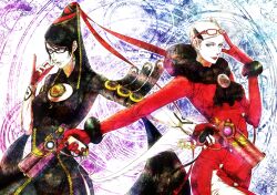  2girls bad_id bad_pixiv_id bayonetta bayonetta_(series) bayonetta_1 belt black-framed_eyewear black_hair blue_eyes bodysuit candy chains cleavage_cutout clothing_cutout earrings eyeshadow eyewear_on_head food glasses grey_eyes gun handgun heart jeanne_(bayonetta) jewelry lipstick lollipop long_hair looking_at_viewer makeup mole mole_under_mouth multiple_girls pinky_out red-framed_eyewear red_ribbon ribbon seitsuji short_hair weapon 