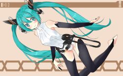  aqua_eyes aqua_hair bad_id bad_pixiv_id blush bridal_gauntlets female hatsune_miku hatsune_miku_(append) highres long_hair o_daizen photoshop_(medium) smile solo thighhighs toeless_legwear twintails very_long_hair vocaloid vocaloid_append 