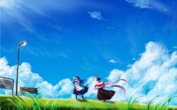  2girls blue_hair capelet cloud commentary_request day hat highres hinanawi_tenshi lamppost leaf long_hair multiple_girls nagae_iku nekominase outdoors puffy_sleeves purple_hair red_eyes shawl short_hair short_sleeves sky smile standing touhou very_long_hair 