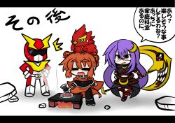  2girls ^^^ animal animal_on_head axe belt bird bird_on_head cape commentary_request cooking crescent drooling food glasses hair_up hand_on_own_hip letterboxed light_purple_hair long_hair mask meat mikazuki_aoi multiple_girls navel oerba_yun_fang on_head oono_mayu pixiv_azriel red_eyes red_hair translation_request weapon yanagi_(nurikoboshi) 