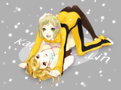  2girls bad_id bad_pixiv_id barefoot blonde_hair bodysuit brown_eyes brown_legwear bruce_lee&#039;s_jumpsuit dress flower green_eyes hair_flower hair_ornament highres huang_baoling jewelry karina_lyle long_hair multiple_girls necklace photoshop_(medium) short_hair tiger_&amp;_bunny vest yellow_bodysuit yellow_eyes yk5112335 