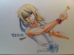  1boy 2012 blonde_hair fairy_tail headband lucy_heartfilia male male_focus mashima_hiro rule_63 signature smile solo 