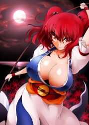  breasts cleavage commentary_request female hair_bobbles hair_ornament highres huge_breasts looking_at_viewer mattari_yufi onozuka_komachi red_eyes red_hair scythe smile solo touhou two_side_up 