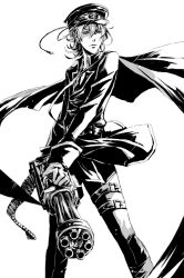  1boy barnaby_brooks_jr. belt cape commentary_request gatling_gun gloves greyscale gun hat high_contrast male_focus military military_uniform minigun monochrome shako_cap solo t_siragiku tiger_&amp;_bunny uniform weapon 