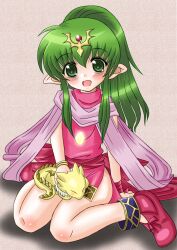  bare_legs blush commentary_request creature female fire_emblem fire_emblem:_mystery_of_the_emblem full_body green_eyes green_hair high_ponytail long_hair pink_skirt pointy_ears ponytail regular_mow scarf shoes sitting skirt smile solo tiki_(fire_emblem) tiki_(young)_(fire_emblem) wariza wide_ponytail 